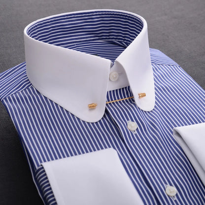 Pinhole collar empire collar patchwork collar French cuffs men's shirt manager business 100% cotton stripe custom shirt for men