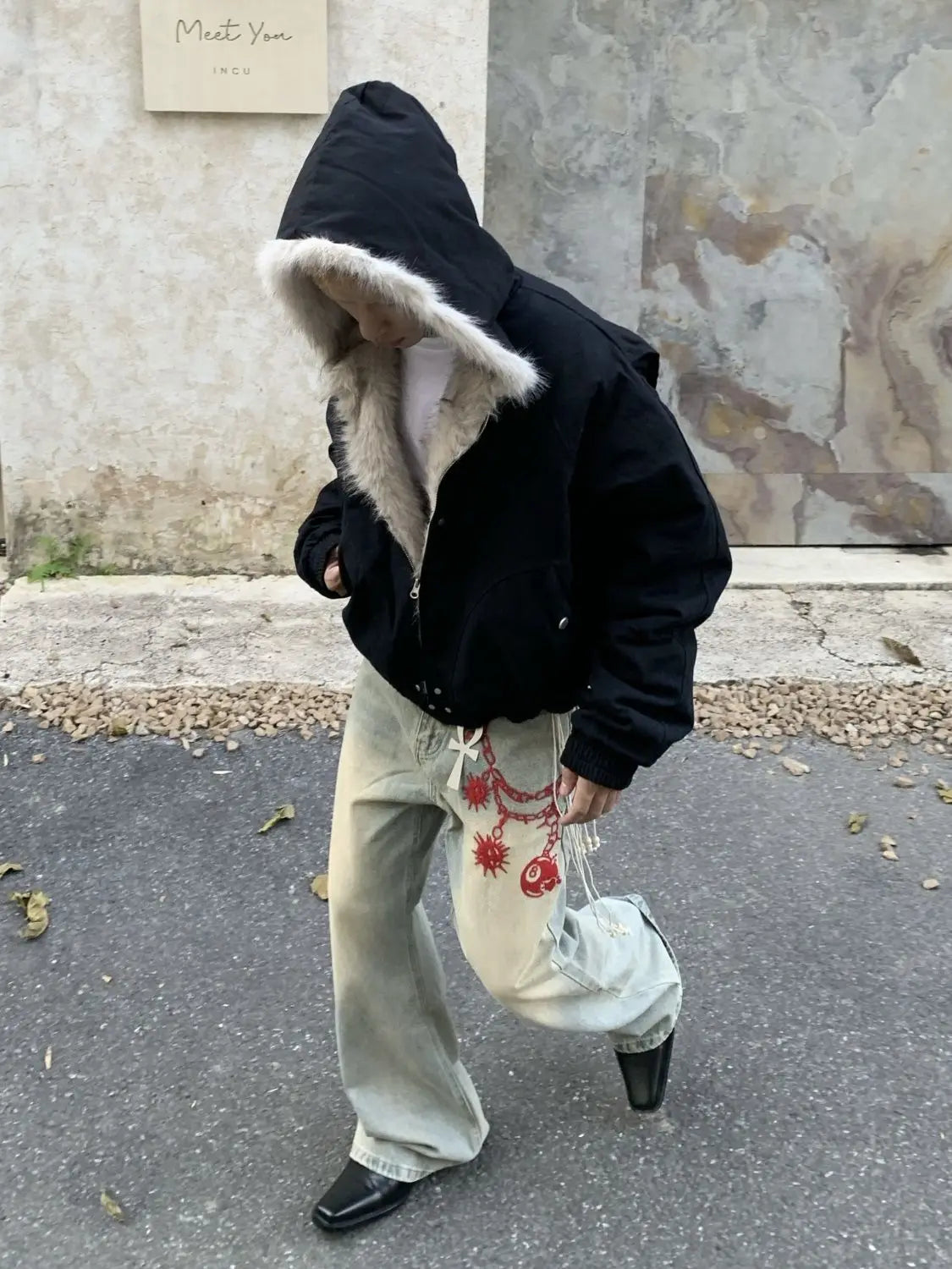 American Retro Woolen Collar Hooded Cotton Jacket Winter Thick Plush Top Men Street Hip-Hop Gothic Harajuku Oversize Jacket Coat