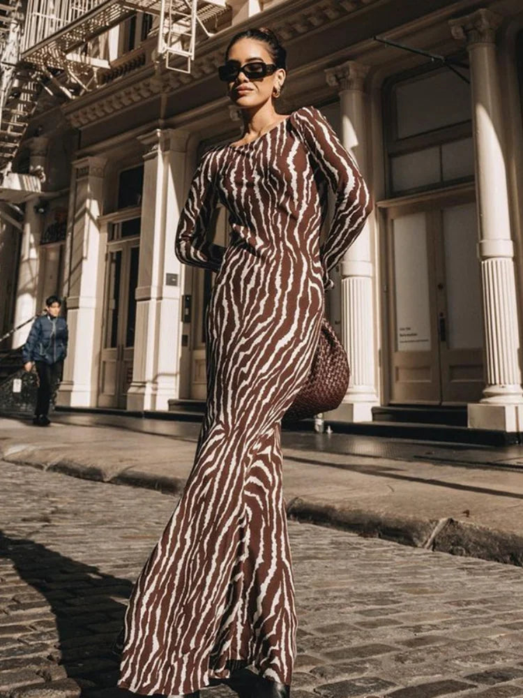 Elegant Zebra Print Maxi Dress for Women Outfits Sexy See Through Long Sleeve Bodycon Club Party Dress 2023 Spring Casual Dress