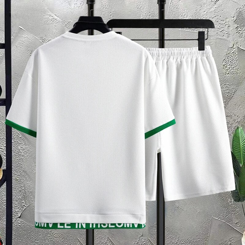 Summer 2 Pieces Set White Tracksuit Men&#39;s Fake Two Tshirt Shorts Harajuku Streetwear Oversized Men Sets Short Outfits Suits 2023