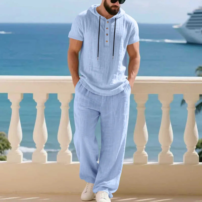 Men's Summer Casual Linen 2 Piece Outfit Short Sleeve Hoodie & Loose Pants Set Breathable Tracksuit for Beach Daliy Streetwesr