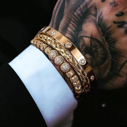 3pcs Luxury Micro Pave CZ Round Beads Royal Charm Men Bracelets Stainless Steel Crystals Bangles Couple Handmade Jewelry Gift