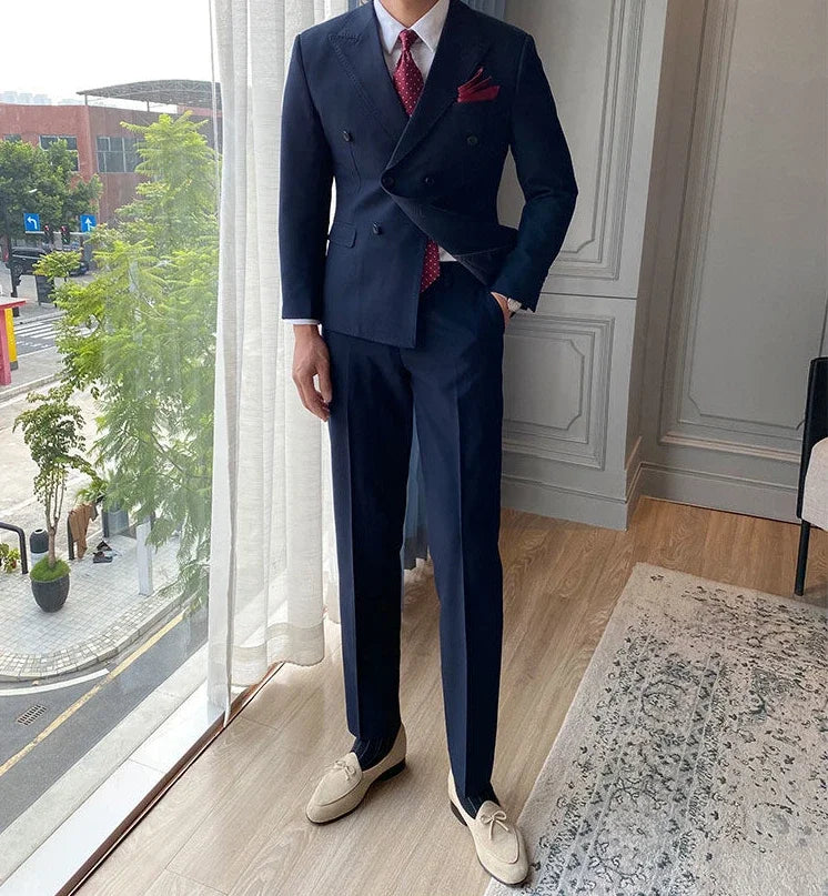 Casual Double Breasted Slim Fit 2 Piece Outfit Set Man Korean High Quality 2024 Full Suit for Men Clothes Gentleman Pants Blazer