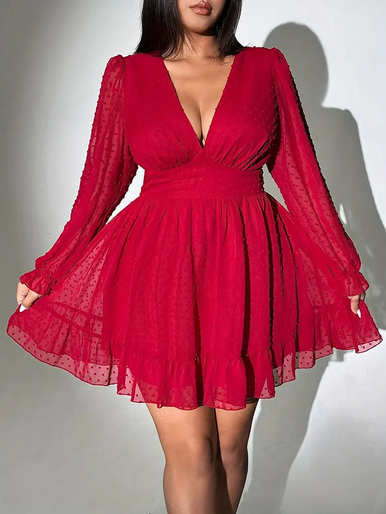 Neues sexy V-Ausschnitt Kurzarmkleid Übergröße Uni Polka Dot Langarm Amerikanischer schmaler A-Linien-Rock elegantes Party-Damenabendkleid