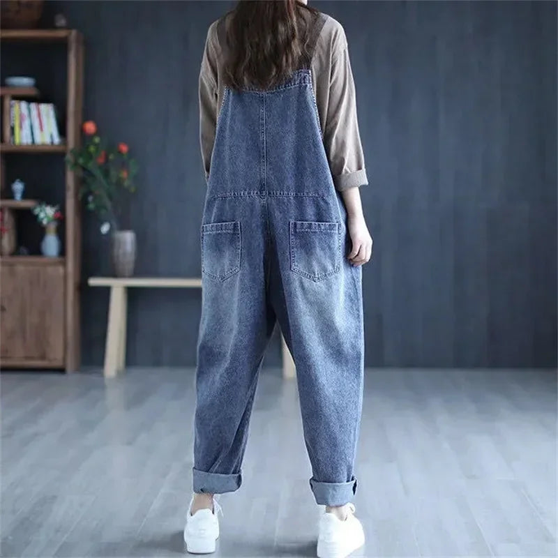 Jumpsuit Women Jeans Rompers New Retro Big Pocket Loose Denim Overalls Fashion Large Size Wide-leg Pants Drop Shipping