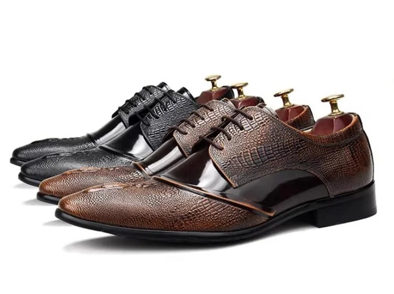 Elegante Herren-Lederschuhe, spitze Zehenpartie, Schnürung, Krokodilmusterprägung, Echtleder, formelle Schuhe, Hochzeitsschuhe, Gesellschaftsschuhe
