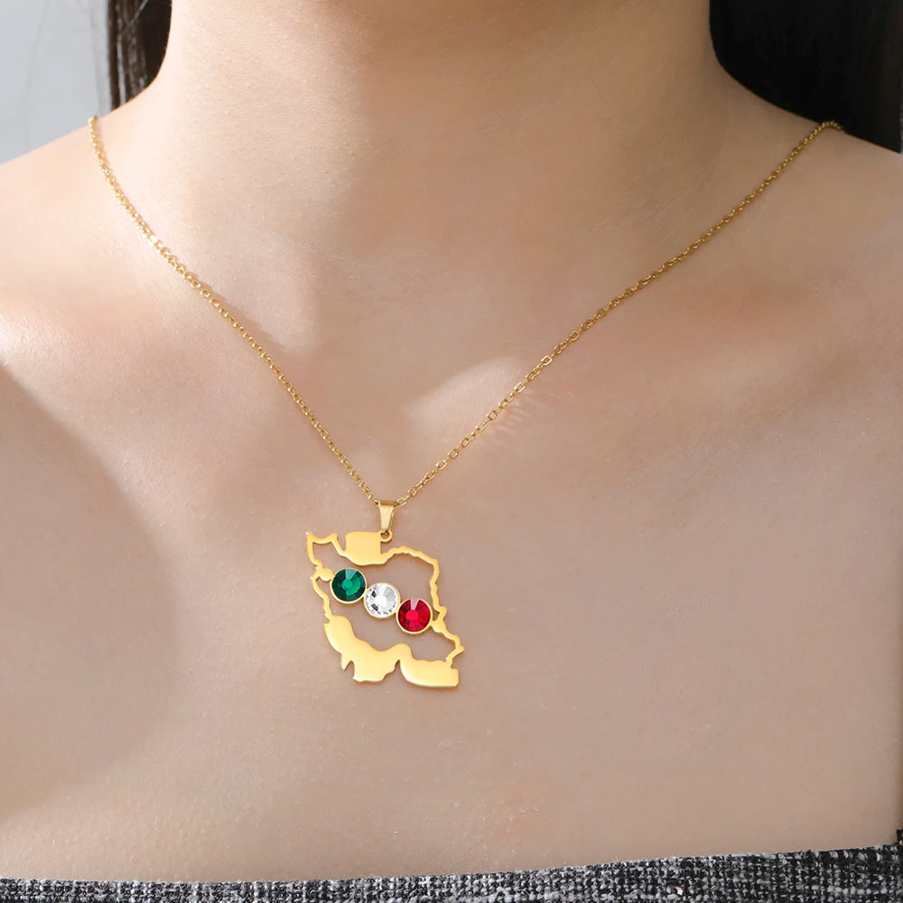 Dawapara Iran Map Pendant Jewelry Sets Zircon Earrings Keychain Necklace for Women Stainless Steel Map Jewellery