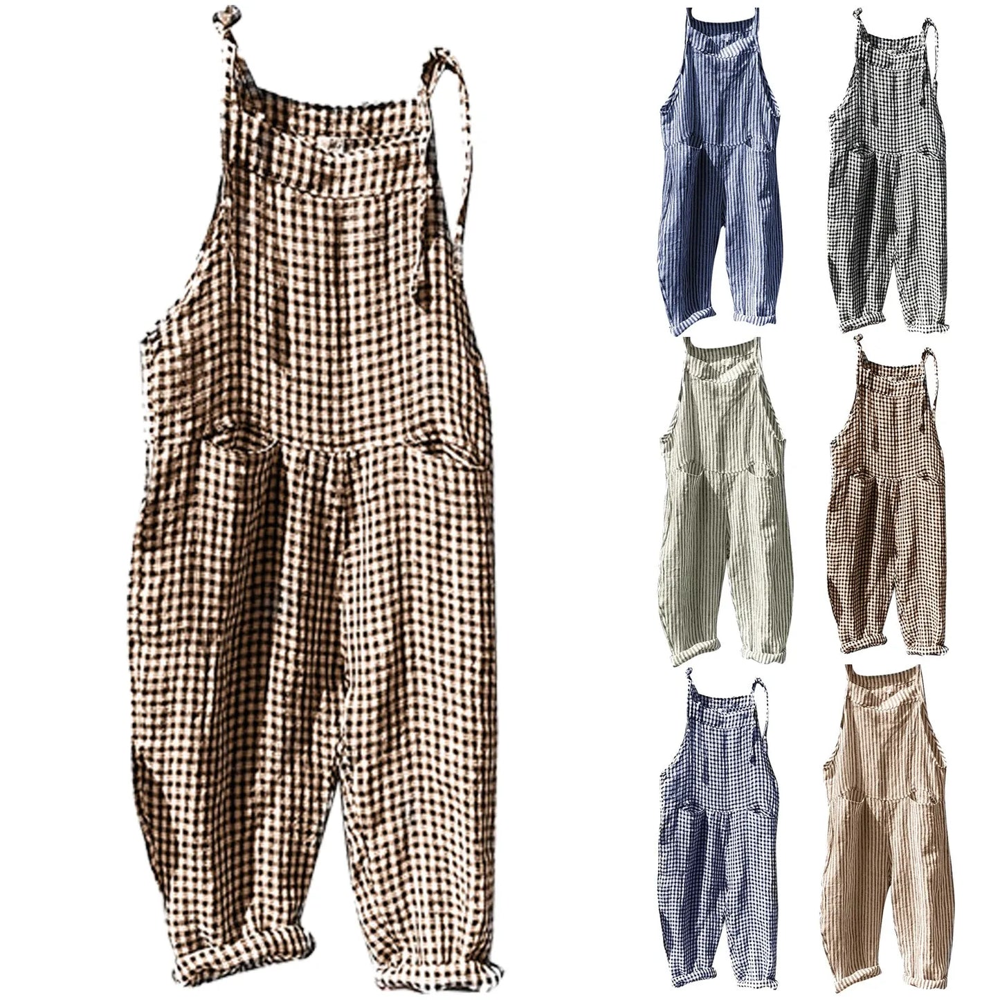 2024 Bohemian Spring Rompers Stripe Casual Women's Long Jumpsuits Fashion Cotton Pockets Overalls Casual High Quality Overalls