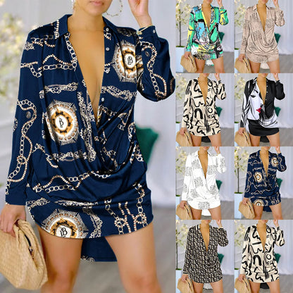 Spring Autumn Fashion Letter Print Long Sleeve Shirt Dress Robe Womens Turn-down Collar Buttons Front Casual Dresses Female