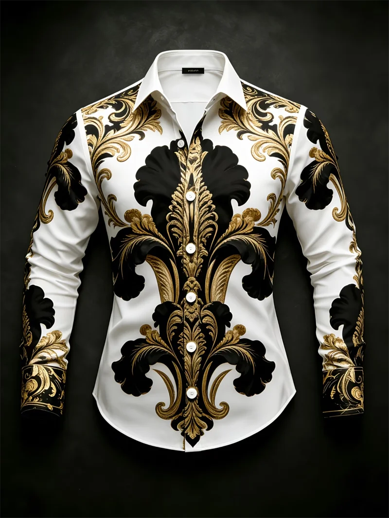 New Purple Bottom Golden Dragon Pattern Printed Men's Long Sleeve Shirt Light Luxury Slimming Business Casual Shirt