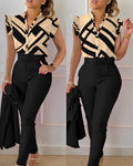Womens Elegant Slim Two-Piece Sets Summer Fashion Print V Neck Button Flying Sleeve Shirt Top & Solid Long Pants Suits With Belt