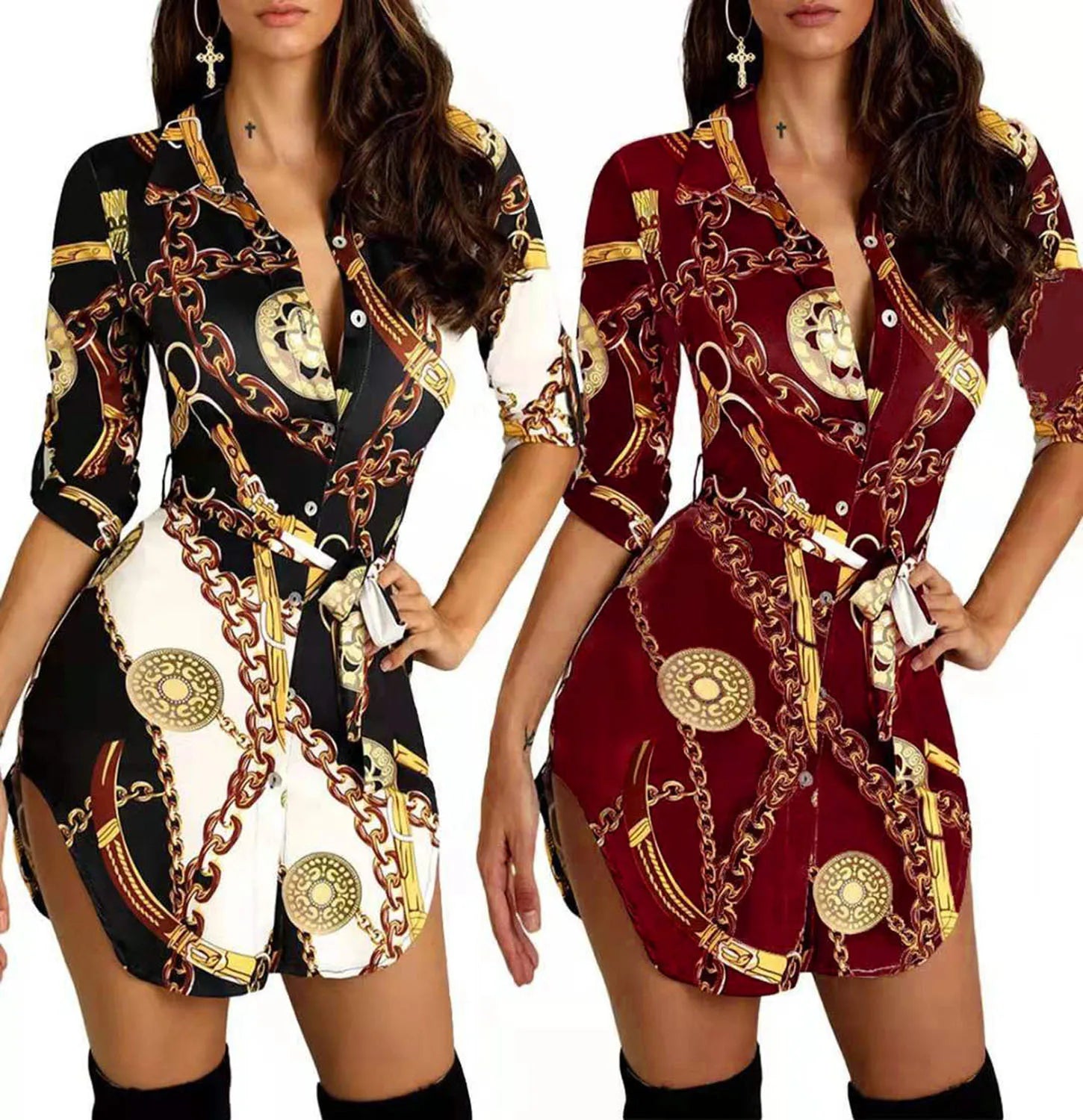2024 Autumn New Women's Dress Fashionable Sexy Gold Chain Slim Fit Printed Single Breasted Lace Up Waist Cinching Short Skirt