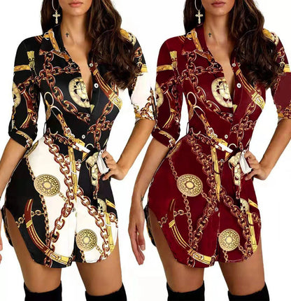 Autumn New Women's Dress Fashionable Sexy Gold Chain Slim Fit Printed Single Breasted Lace Up Waist Cinching Short Skirt