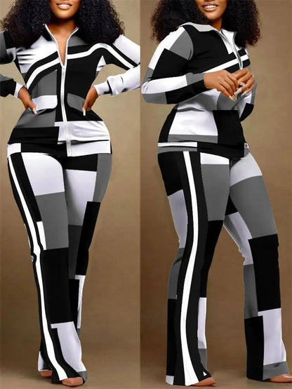 Spring Autumn Two Piece Sets Women Geometric Print Zip Up Top Coat Pants Set Outifits Fashion Tracksuit Casual Elegant Suit