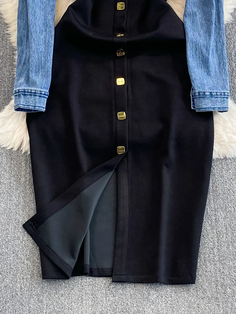 XFPV Women's Denim Patchwork Single Breasted Slim Single Breasted Wrapped Hip Dress Vestidos Fashion Spring Autumn 2024 SM9332