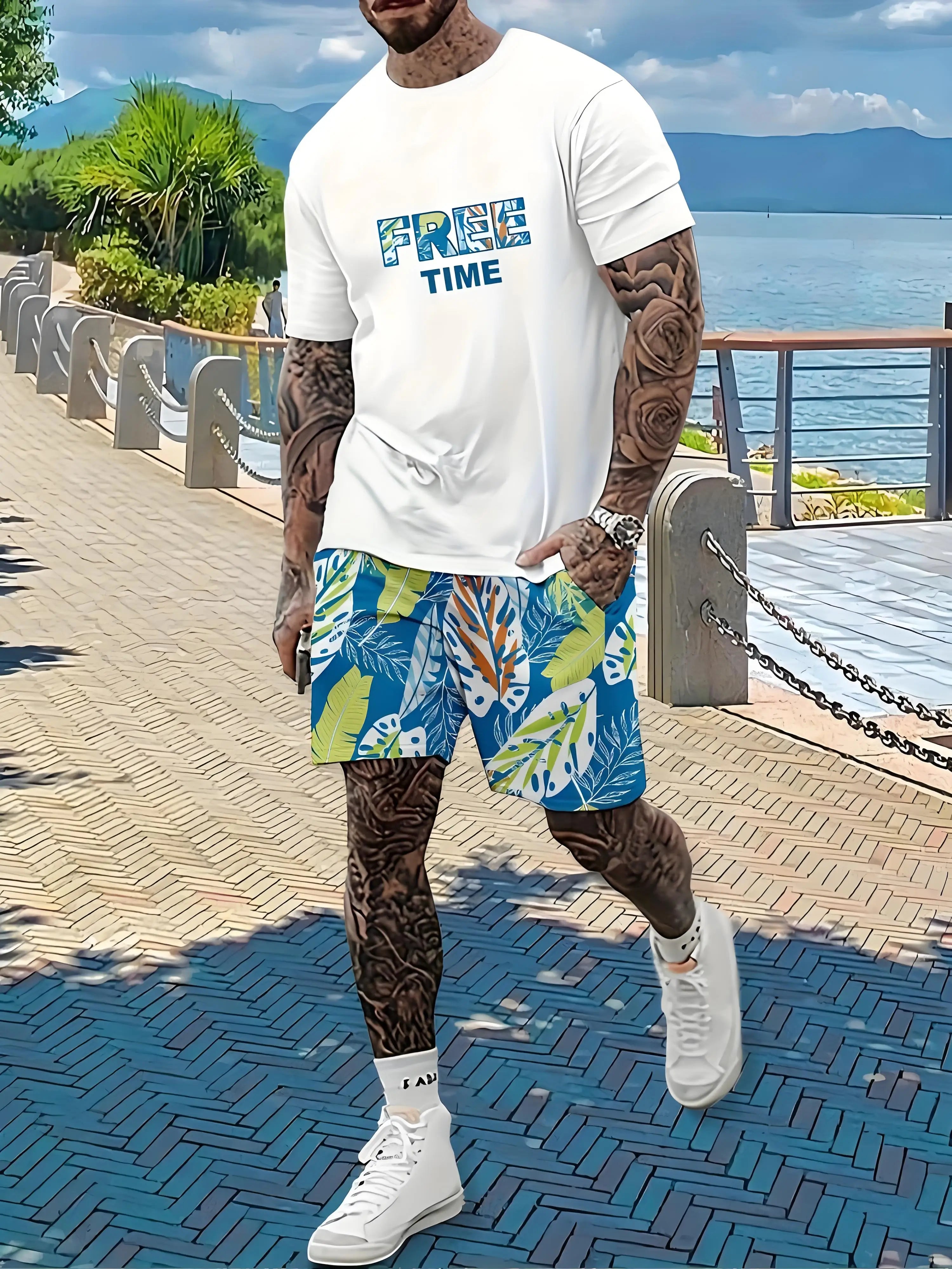 New Plus Size Men's T-shirt And Shorts Set Summer Casual Daily Men's Short Sleeve Top Urban Street Men's Fashion T Shirt Shorts