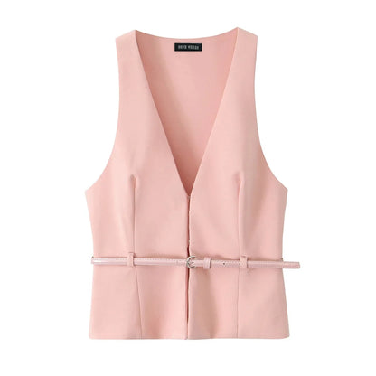 TRAFZA Vintage Chic Solid Women Suit V Neck Sleeveless Sashes Vest Blazer Straight Shorts New Fashion  Summer Office Sets