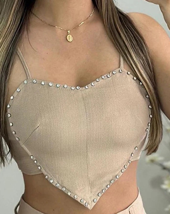 Two Piece Set Women Outfit 2024 Summer Rhinestone Sweetheart Neck Sleeveless Crop Top & Casual Skinny Pocket Daily Shorts Set