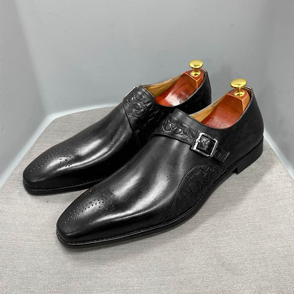 Luxury Men&#39;s Monk Strap Wedding Dress Shoes Alligator Print Genuine Calf Leather Handmade Business Office Formal Shoes for Men