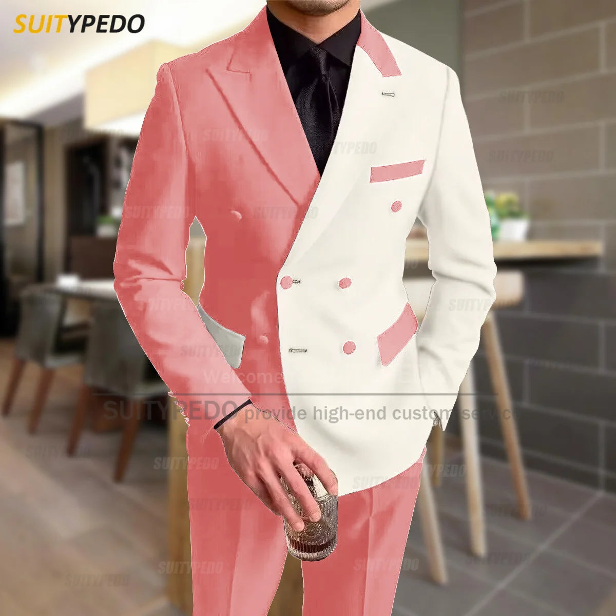 Fashion Black Ivory Splicing Men Suit Casual Party Classic Double Breasted Jacket Evening Dinner Elegant Blazer Pants Outfits