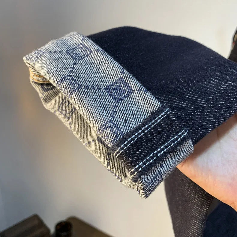 High end light luxury men jeans autumn new item dark blue fashion printed casual straight slim fit cotton washed denim pants