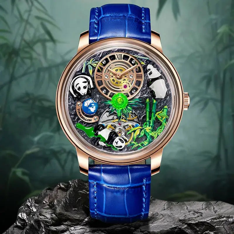 PINDU Dreidimensionale Panda-Zifferblatt-Uhren für Herren High-End Luxus Transparenter Hohlraum Vollautomatische mechanische Armbanduhr