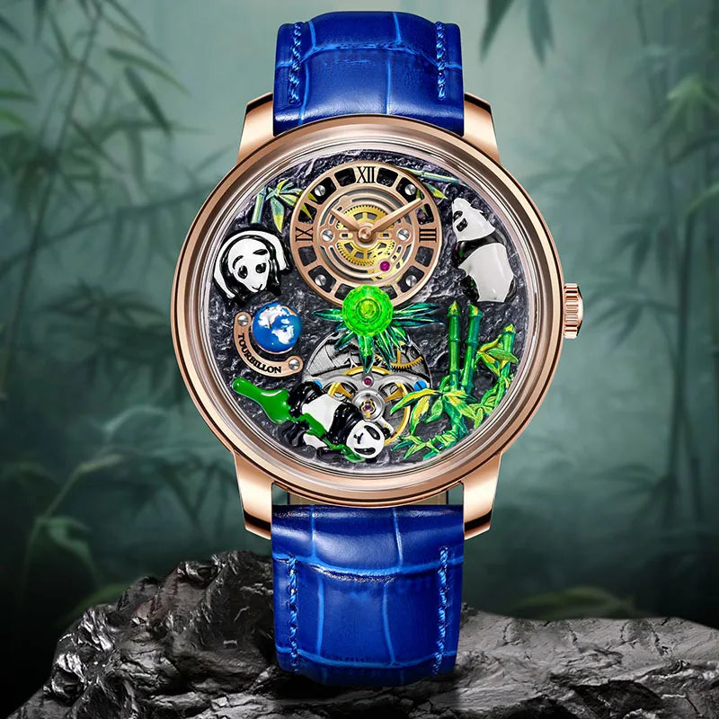 PINDU Three-dimensional Panda Dial Watches for Men High-end Luxury Transparent Hollowed Fully Automatic Mechanical Wristwatch