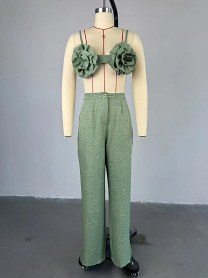 Joskaa Elegant 2 Piece Sets Women Sexy 3D Flower Crop Camisole and Straight Leg Pants Matching  Summer Vacation Streetwear