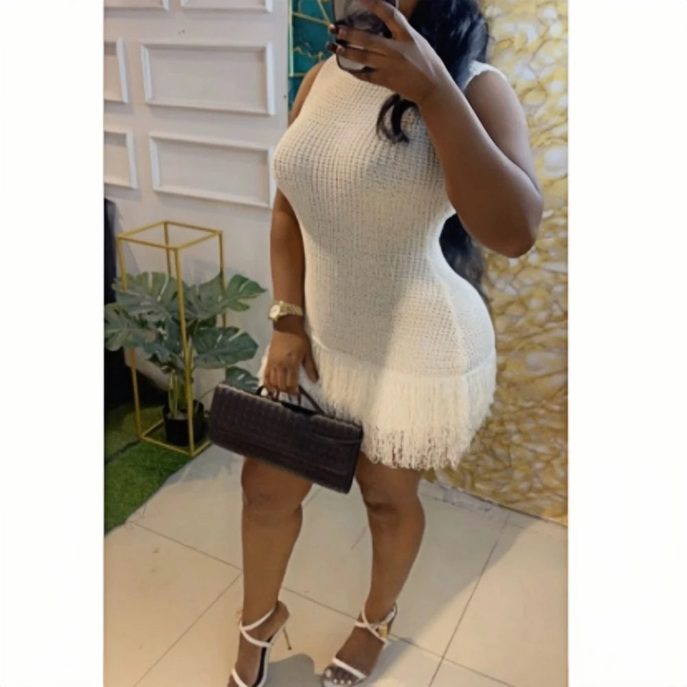 FAGADOER Fashion Tassels Hollow Out Splicing Mini Dresses 2024 Women Round Neck Sleeveless Slim Vestidos Elegant Lady Clothing