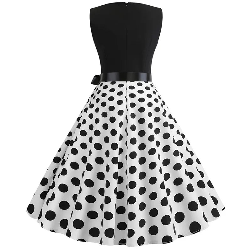 Black White Polka Dot Summer Dress Women Sleeveless Vintage 50s 60s Party Office Dresses