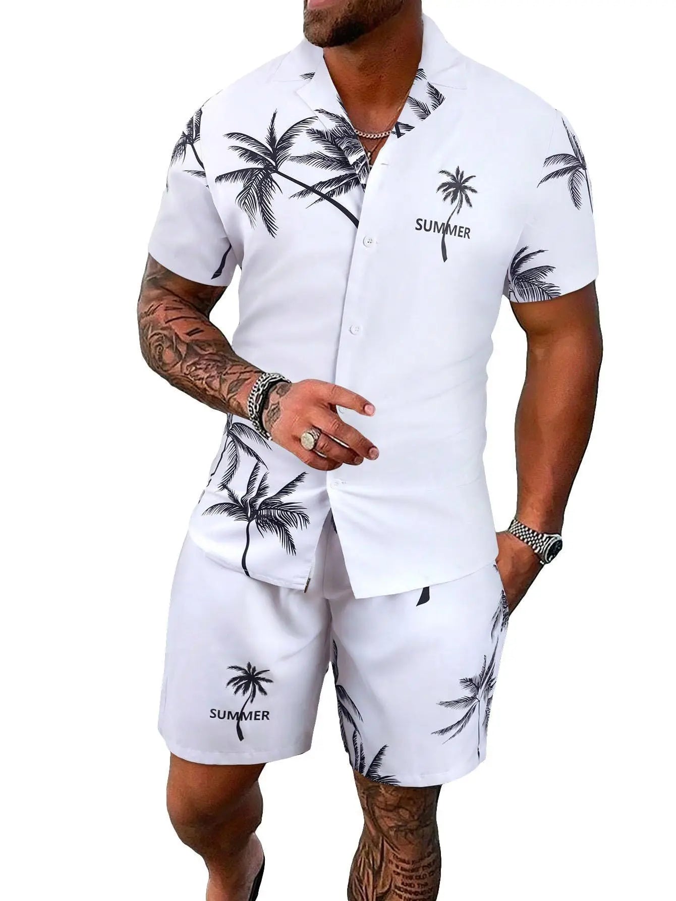 Comfortable Coconut trees leaves color blocking 3D Print shirt +Shorts Two Piece Set Short Sleeve Flip collar shirts half pants