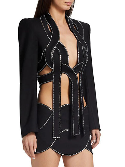 BEVENCCEL  New In Women's Luxury Diamond Hollow Suit 2-piece Set Elegant Long Sleeve Outfit Skirt Bandage Party Matching Set