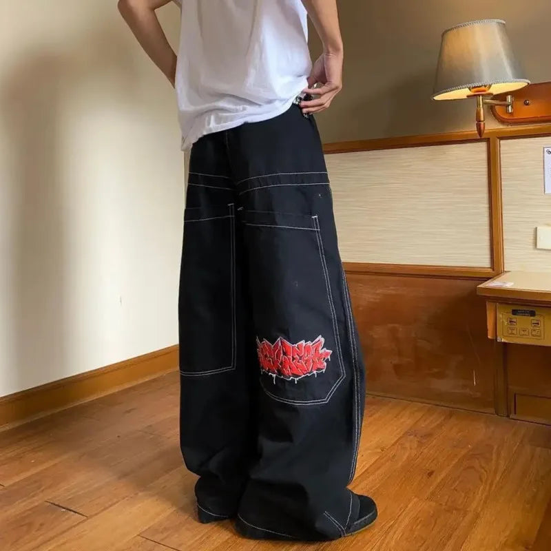 Graphic Print Y2k Denim Pants Unisex Hip Hop Retro High Waist Jeans Casual Loose Wide Leg Harajuku Cargo Pants For Men