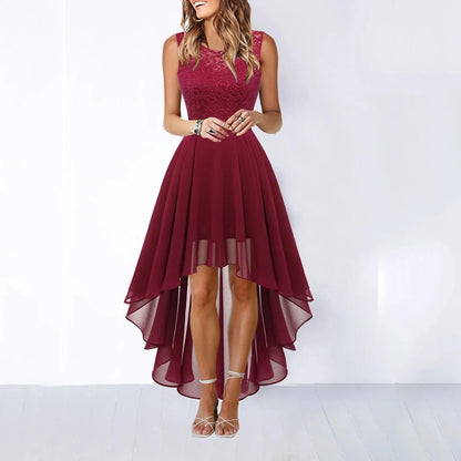 Spring Summer  Hollow out Waist Cinched Lace Evening Dress Midi Skirt Sleeveless round Neck Polyester Fabric Empire Waist