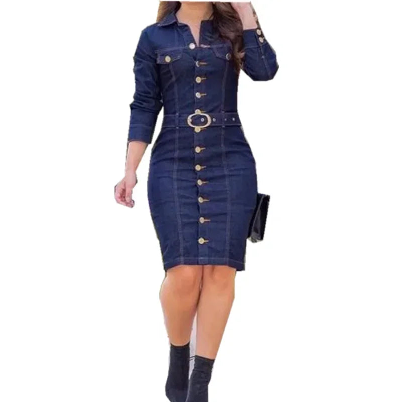 New Denim Dress Women Lapel Slim Fit Elegant Pencil Dresses Long Sleeve High Waist Singl-Breasted Jeans Vestidos Largos Mujer