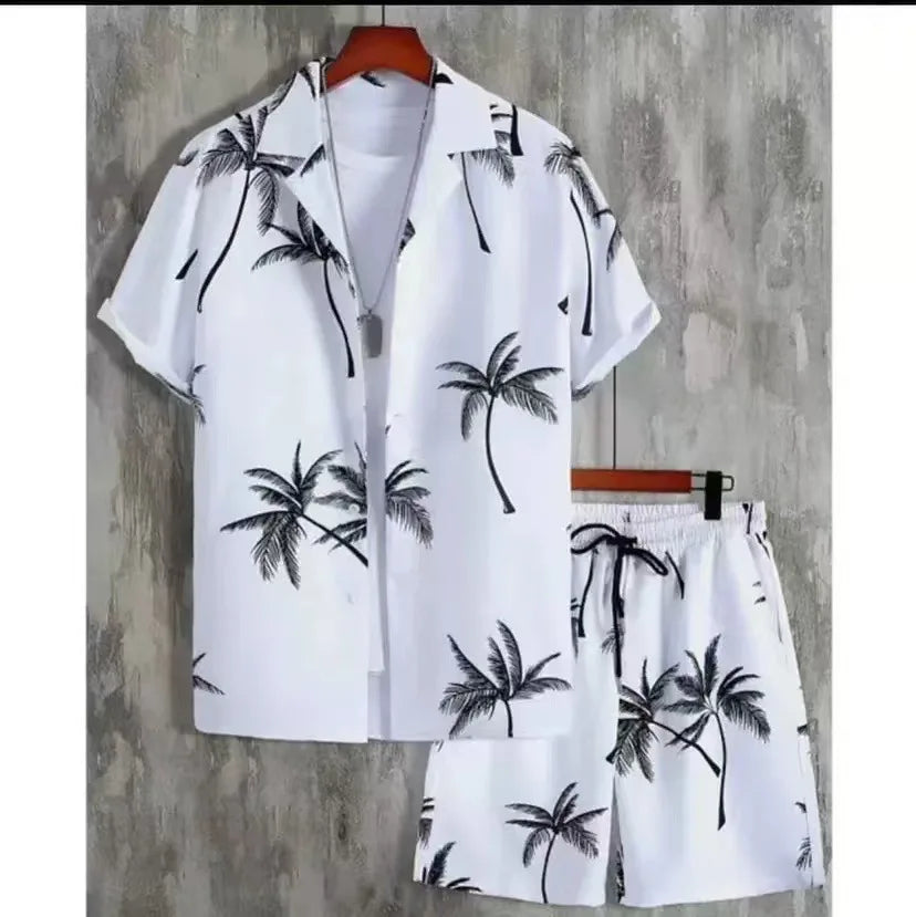 Comfortable Coconut trees leaves color blocking 3D Print shirt +Shorts Two Piece Set Short Sleeve Flip collar shirts half pants