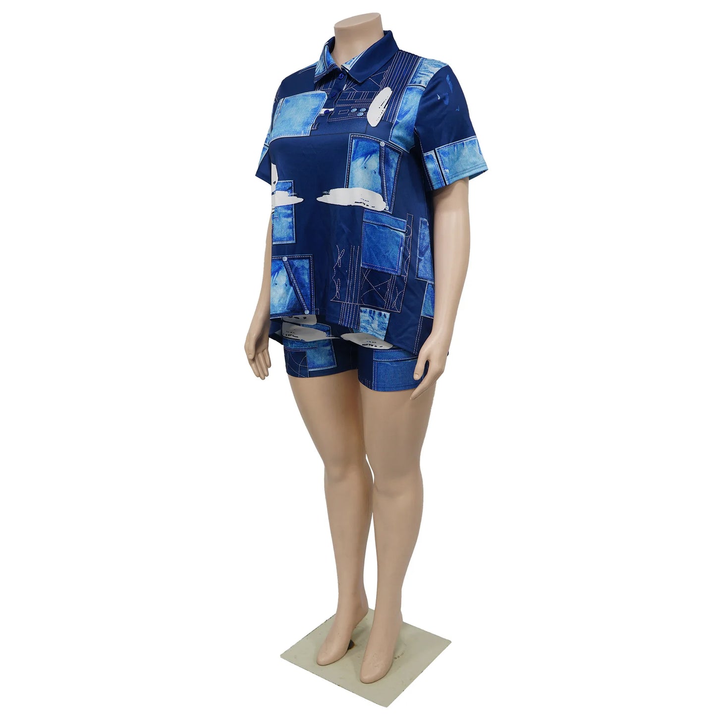 Plus Size Women Prining Two-piece Set Fashion Turn Down Neck Shirt Short Sleeves Summer Casual Shorts Suit XL-5XL