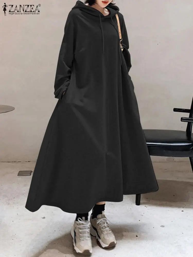 Autumn Hoodies Long Sleeve Sweatshirt Dress ZANZEA Women Winter A-Line Maxi Sundress Casual Hooded Pullover Vestido Oversized