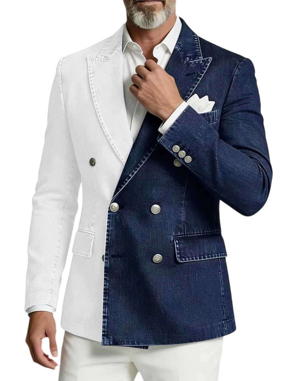 Men Spliced Denim Jacket Peak Lapel Double Breasted Slim Fit Casual Blazer Outing Date Night Trendy Party Fashion Costume Homme