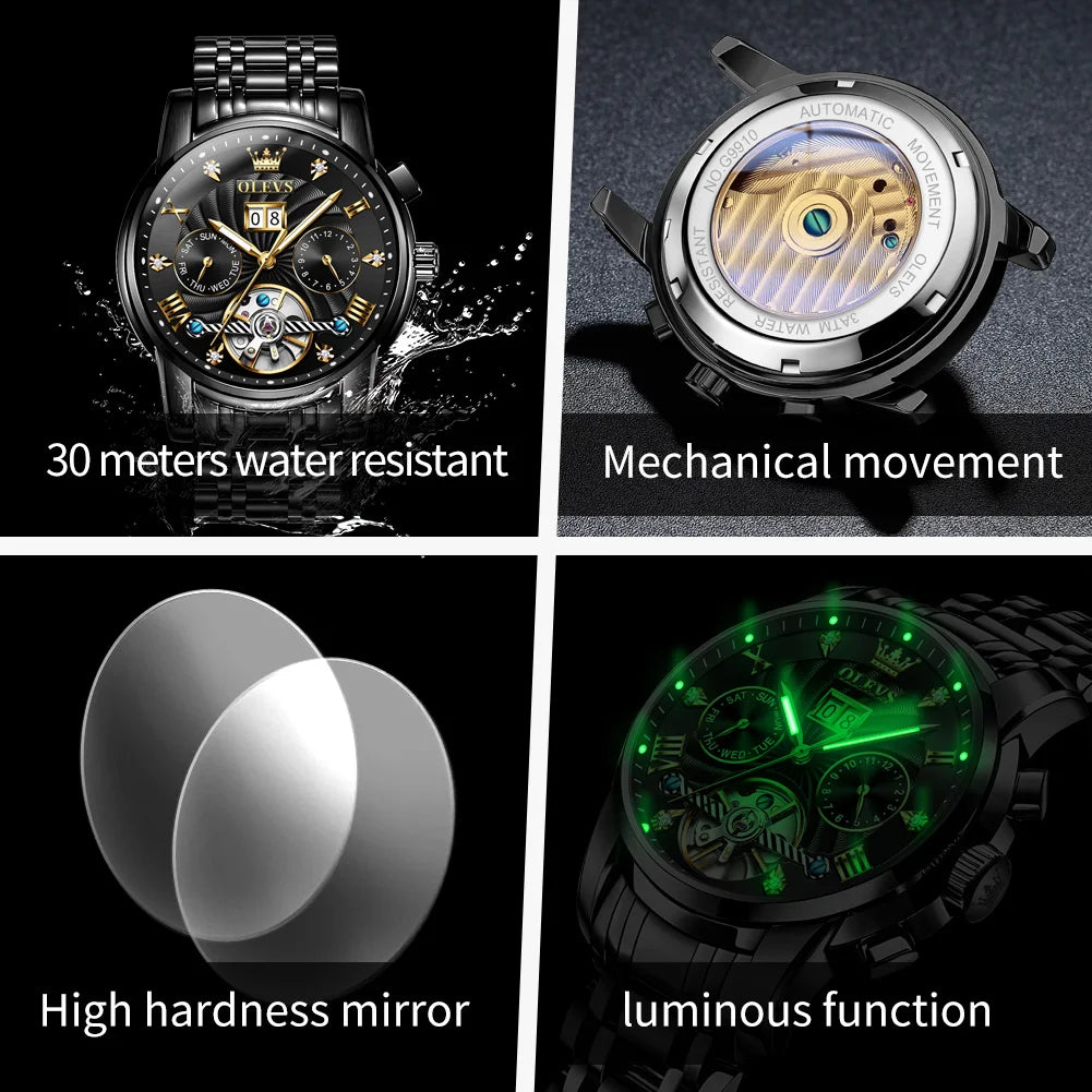 OLEVS Classic Men's Watches Tourbillon Multi-function Full Automatic Men Watch High end Male Wristwatches Mechanical Watch 9910