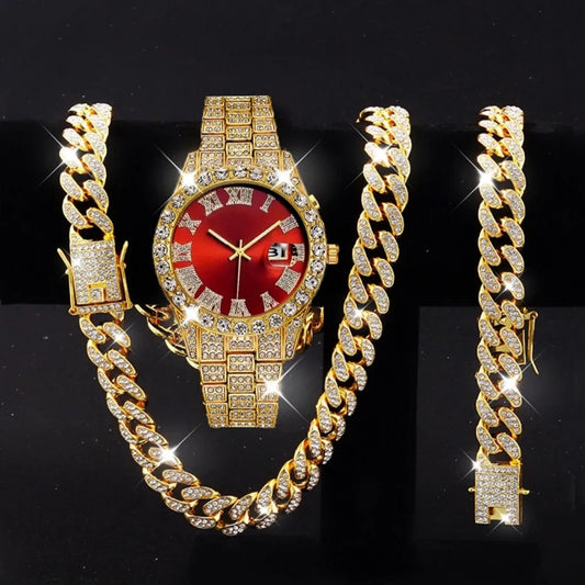 3PCS/Set Luxury Diamond Men's Watches Fashion Roma Dial Stainless Steel Band Quartz Watch Jewelry Set Reloj Hombre（Without Box）