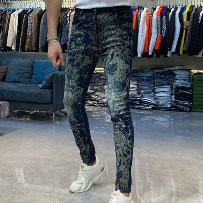 Skinny Jeans Men Vintage ArtPrint Men Jeans Fashion Jeans Printing Pant Streetwear Men Erkek Kot Pantolon Jeans Hombre