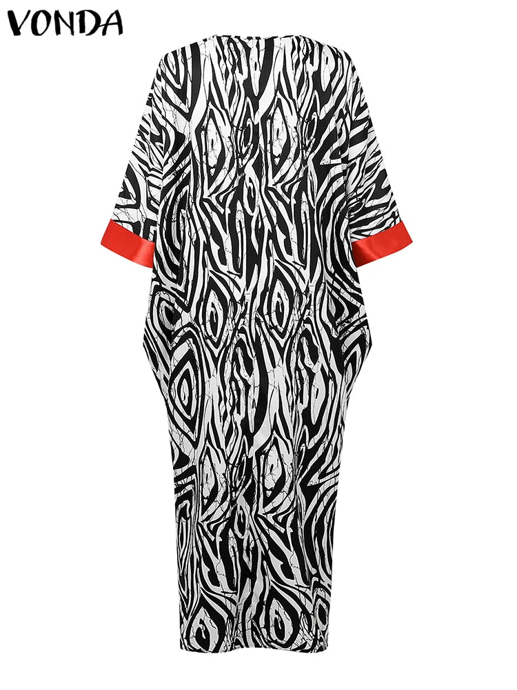 Plus Size 5XL VONDA Vintage Maxi Dresses Women Flare Sleeve Satin Sundress V-Neck Printing Patchwork Long Vestidos Party Robe