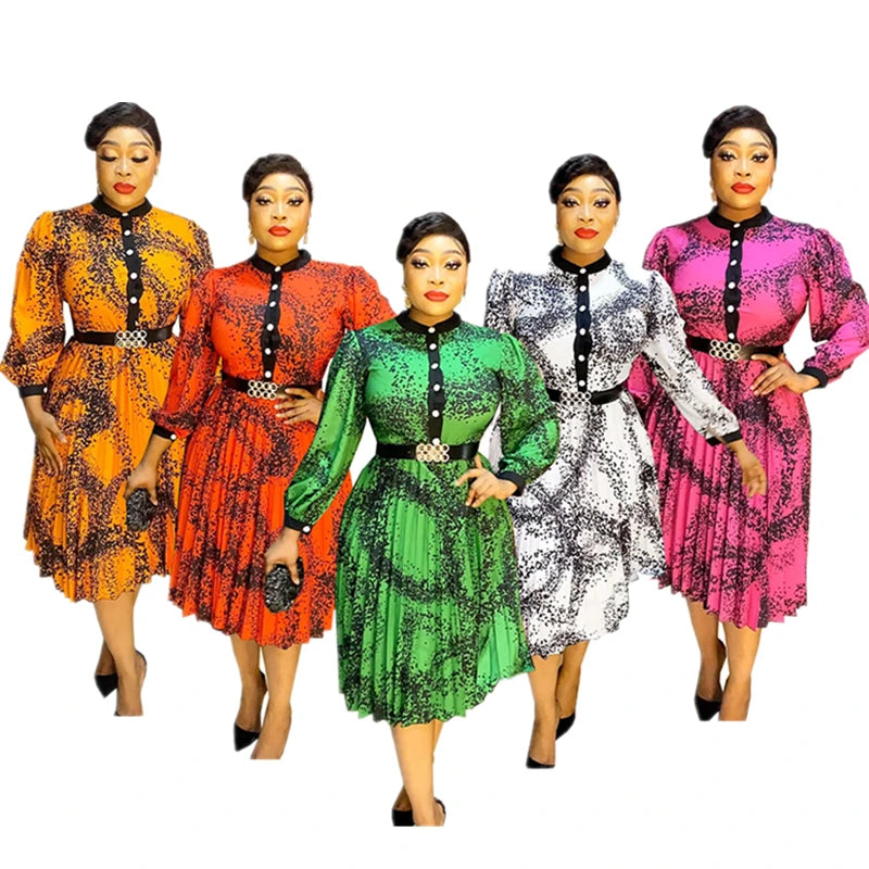 2023 England Fashion Summer Lapel High Waist Dress European Hot Sale Printed Elegant Office Lady Tunic Pleated Dresses For Women