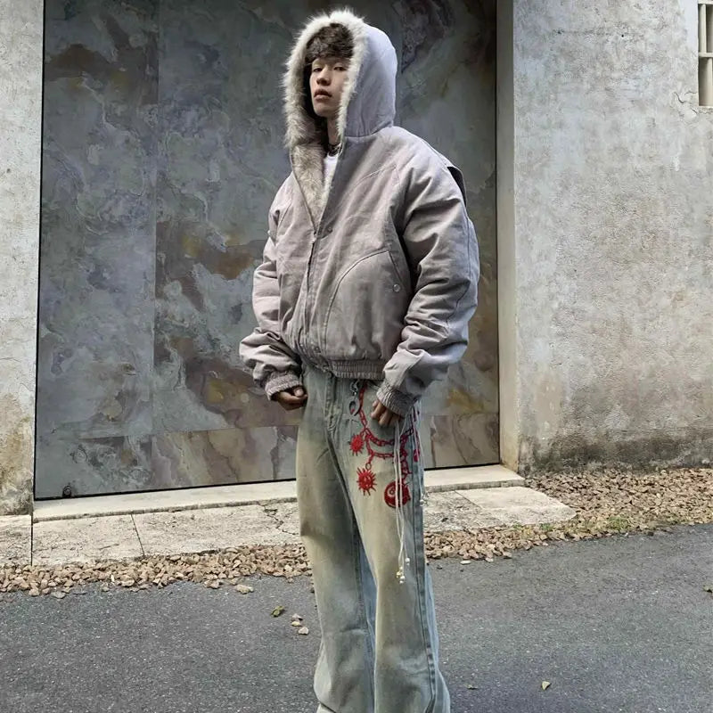 American Retro Woolen Collar Hooded Cotton Jacket Winter Thick Plush Top Men Street Hip-Hop Gothic Harajuku Oversize Jacket Coat