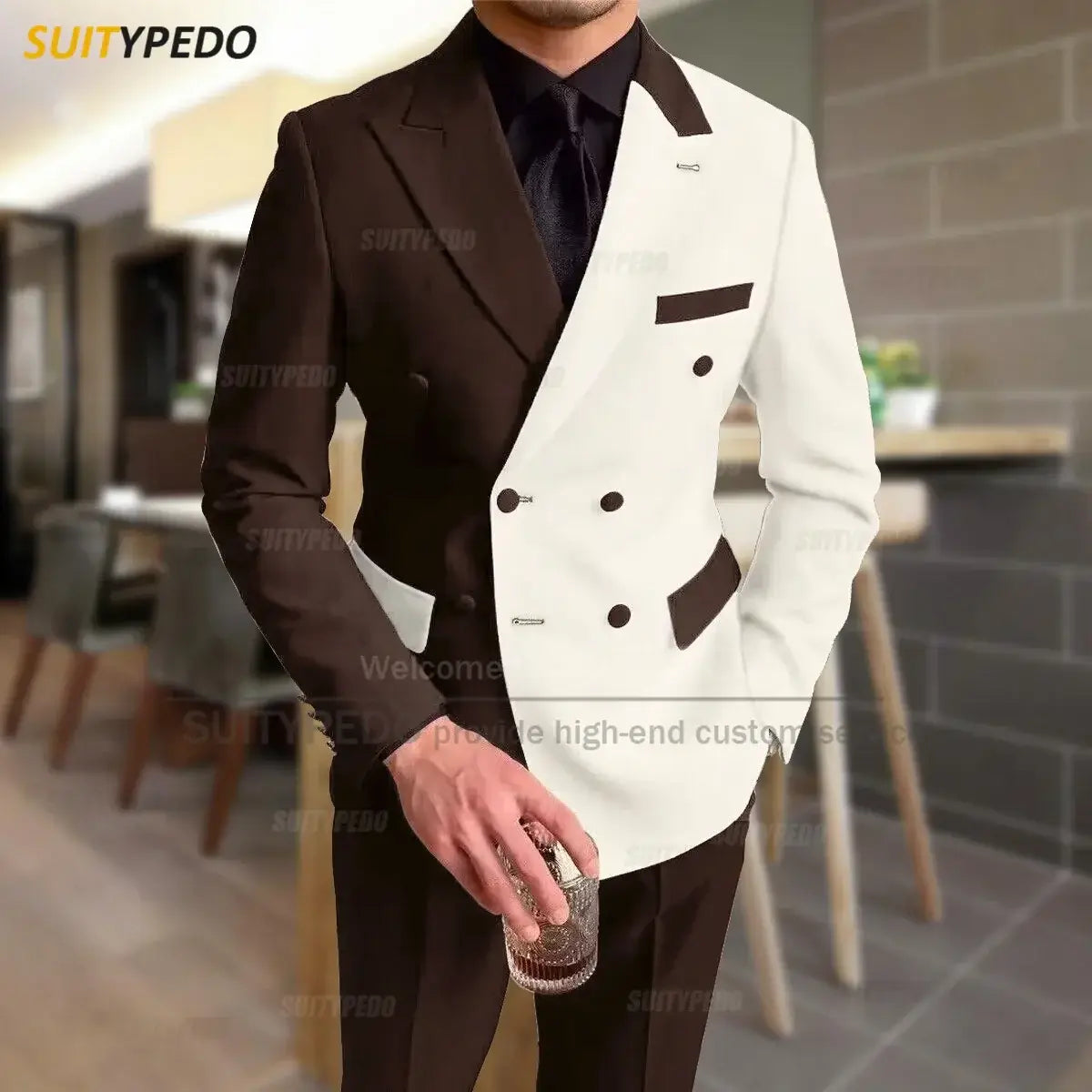 Mode Schwarz-Elfenbein-Spleiß Herrenanzug Lässige Party Klassische Zweireiher Jacke Abendessen Eleganter Blazer Hosen Outfits
