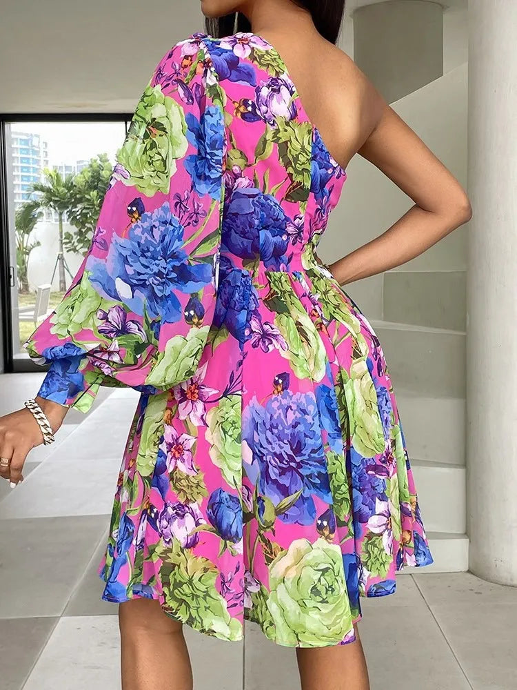 New Boho Print Women Dress Spring Fashion Sexy Off Shoulder Office Elegnat Casual Dresses Female Sweet Party Dress Robe Femme