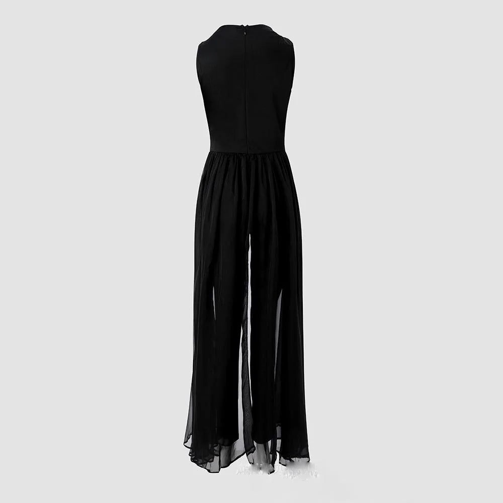 Women's Sexy Sleeveless Jumpsuit, Elegant Hot Rhinestone Mesh Mop Red Summer