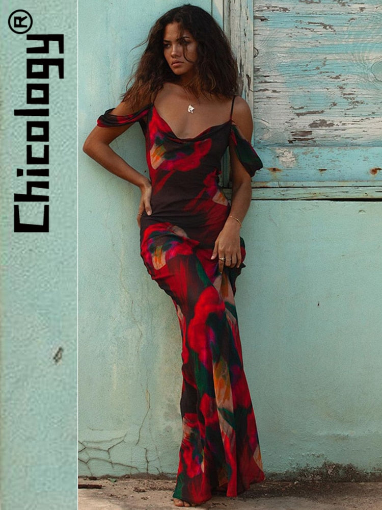 Chicology 2022 Women Chiffon Printed Strap Swinging Collar Maxi Dress Bodycon Sexy Elegant Beach Vacation Festival Hawaii Outfit