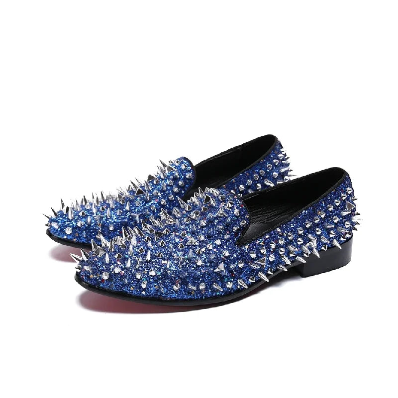 Fashion Blaue Bling Spikes Loafers Schuhe für Herren Luxus Handgemachte Slip-On Herren Anzugschuhe Hochzeitsschuhe